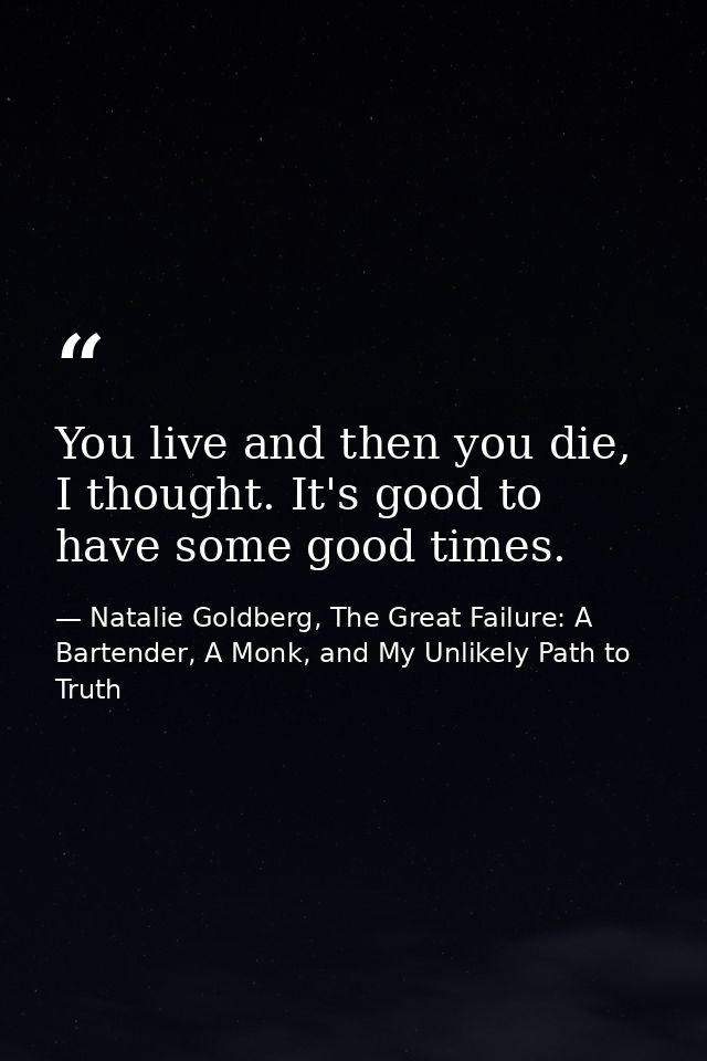 You live and then you die, I thought. It's good to have some good times. — Natalie Goldberg, The Great Failure: A Bartender, A Monk, and My Unlikely Path to Truth