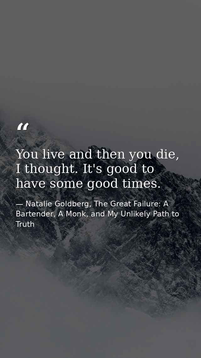 You live and then you die, I thought. It's good to have some good times. — Natalie Goldberg, The Great Failure: A Bartender, A Monk, and My Unlikely Path to Truth