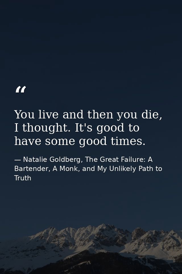 You live and then you die, I thought. It's good to have some good times. — Natalie Goldberg, The Great Failure: A Bartender, A Monk, and My Unlikely Path to Truth