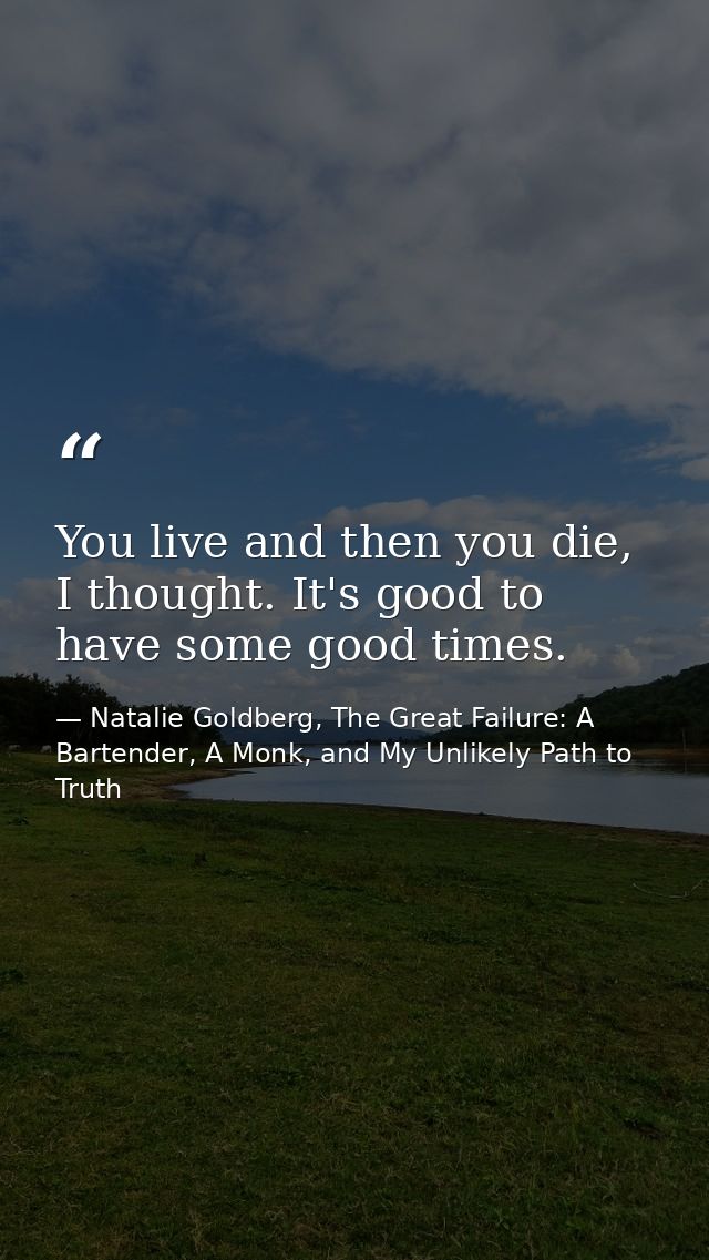 You live and then you die, I thought. It's good to have some good times. — Natalie Goldberg, The Great Failure: A Bartender, A Monk, and My Unlikely Path to Truth