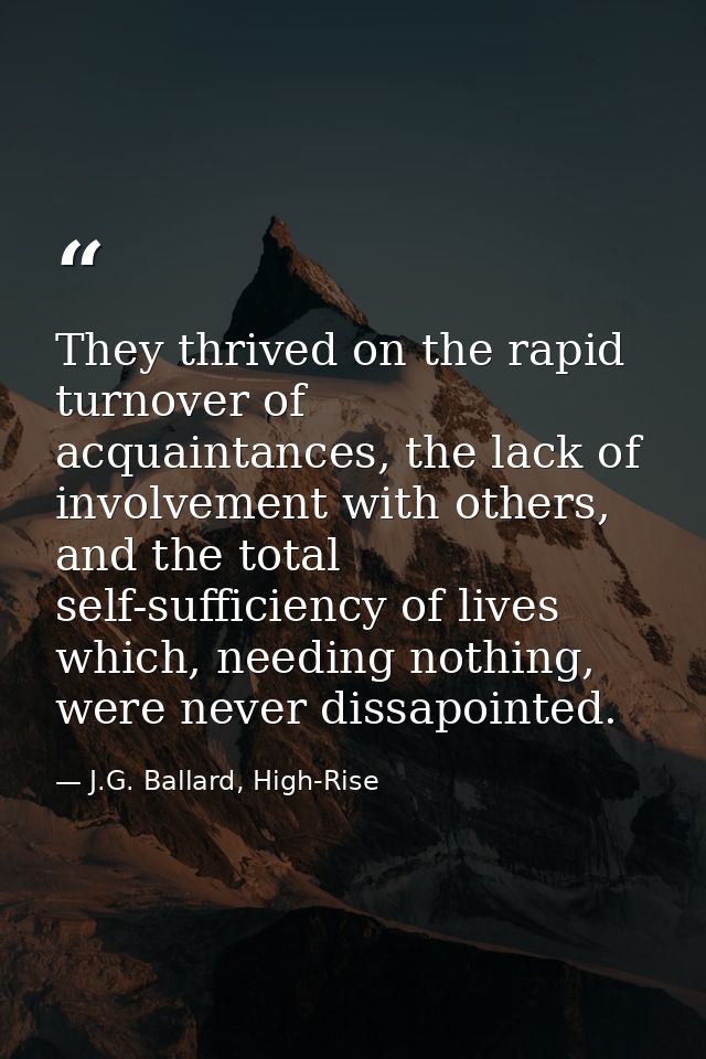 They thrived on the rapid turnover of acquaintances, the lack of involvement with others, and the total self-sufficiency — J.G. Ballard, High-Rise