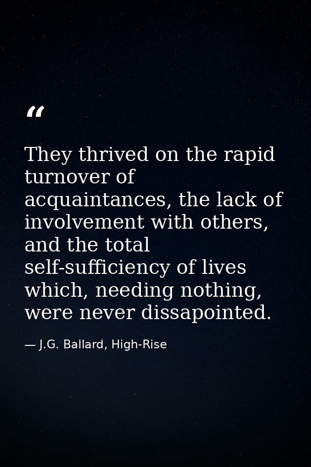 They thrived on the rapid turnover of acquaintances, the lack of involvement with others, and the total self-sufficiency — J.G. Ballard, High-Rise