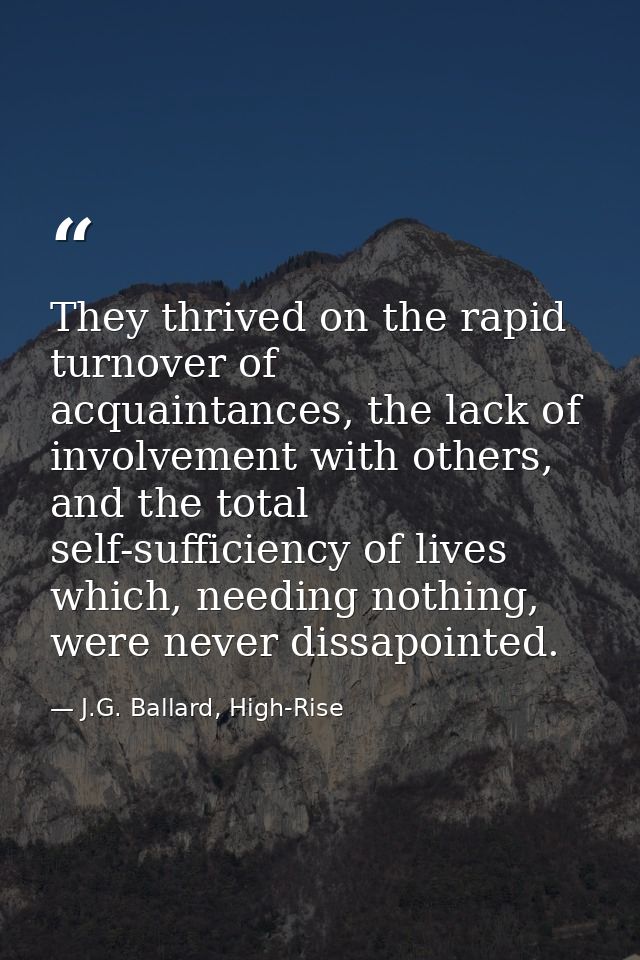 They thrived on the rapid turnover of acquaintances, the lack of involvement with others, and the total self-sufficiency — J.G. Ballard, High-Rise