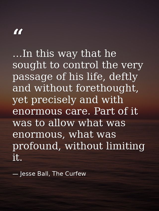 …In this way that he sought to control the very passage of his life, deftly and without forethought, yet precisely and w — Jesse Ball, The Curfew
