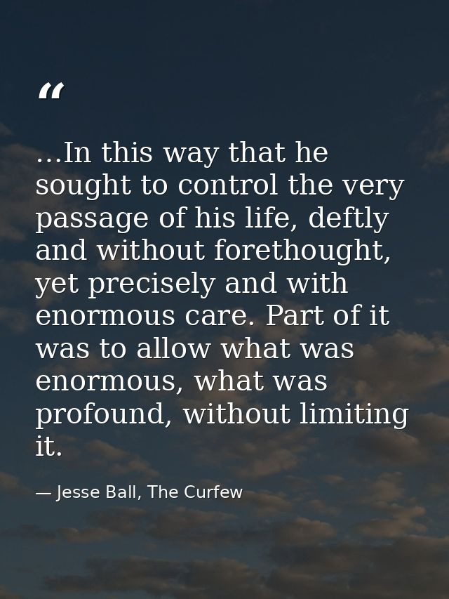 …In this way that he sought to control the very passage of his life, deftly and without forethought, yet precisely and w — Jesse Ball, The Curfew