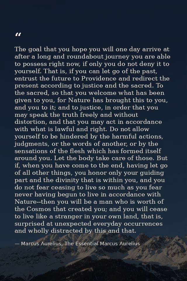 The goal that you hope you will one day arrive at after a long and roundabout journey you are able to possess right now, — Marcus Aurelius, The Essential Marcus Aurelius
