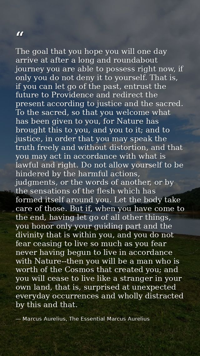 The goal that you hope you will one day arrive at after a long and roundabout journey you are able to possess right now, — Marcus Aurelius, The Essential Marcus Aurelius