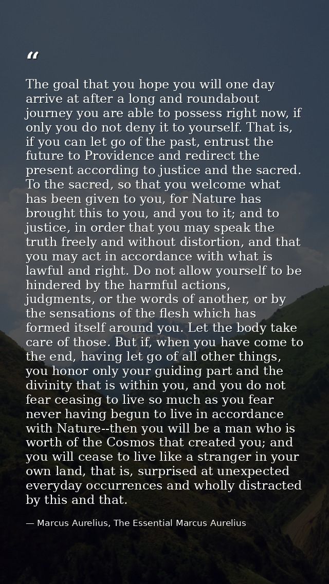 The goal that you hope you will one day arrive at after a long and roundabout journey you are able to possess right now, — Marcus Aurelius, The Essential Marcus Aurelius