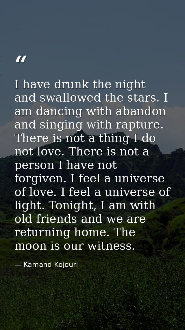 I have drunk the night and swallowed the stars. I am dancing with abandon and singing with rapture. There is not a thing — Kamand Kojouri