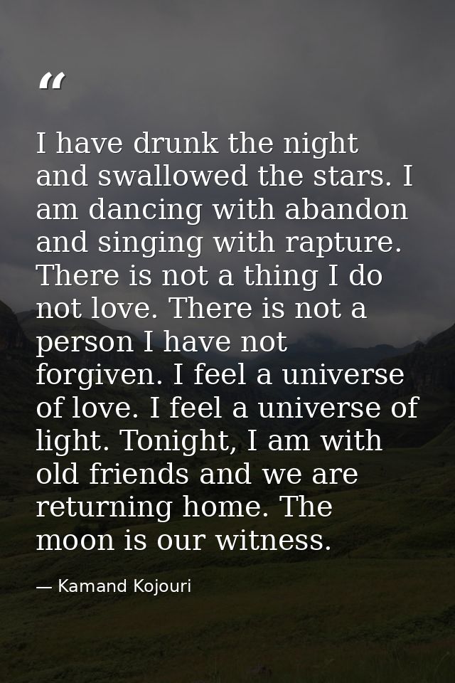 I have drunk the night and swallowed the stars. I am dancing with abandon and singing with rapture. There is not a thing — Kamand Kojouri