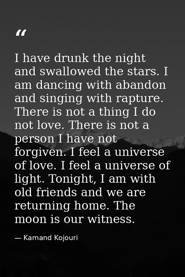 I have drunk the night and swallowed the stars. I am dancing with abandon and singing with rapture. There is not a thing — Kamand Kojouri