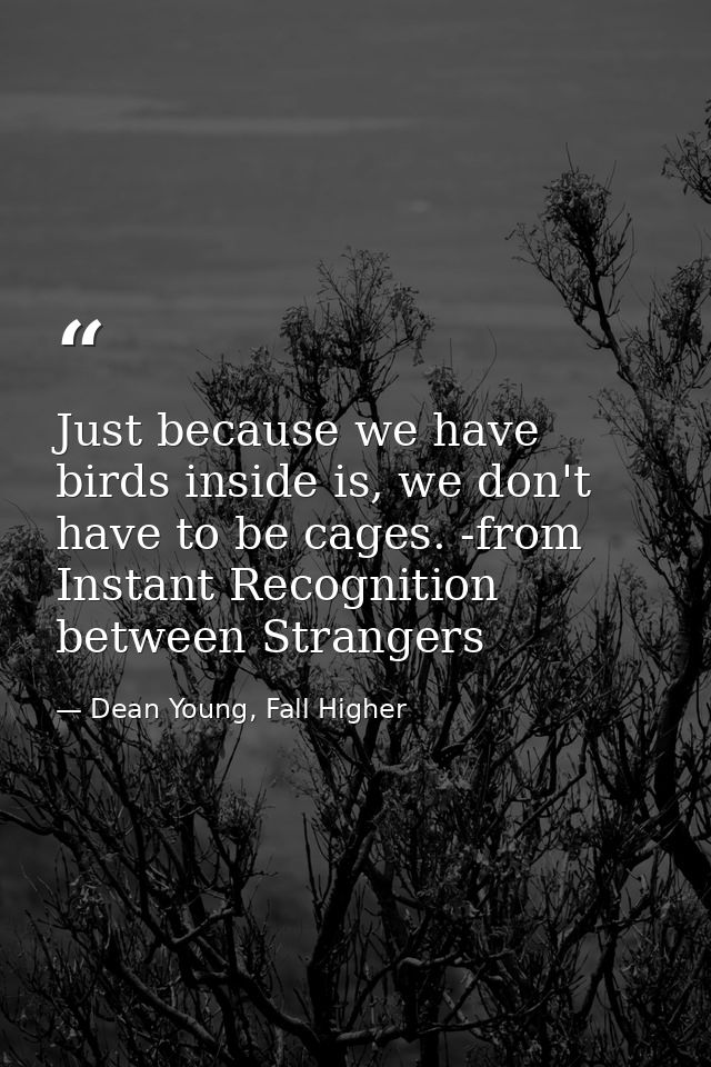 Just because we have birds inside is, we don't have to be cages. -from Instant Recognition between Strangers — Dean Young, Fall Higher