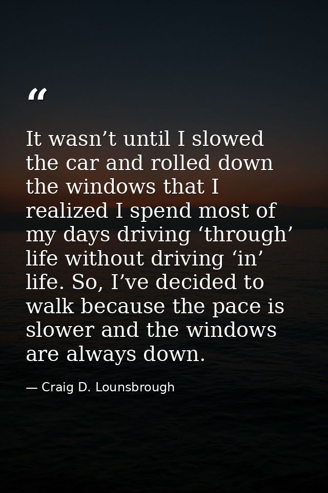 It wasn’t until I slowed the car and rolled down the windows that I realized I spend most of my days driving ‘through’ l — Craig D. Lounsbrough