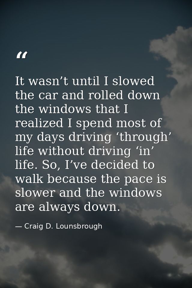 It wasn’t until I slowed the car and rolled down the windows that I realized I spend most of my days driving ‘through’ l — Craig D. Lounsbrough