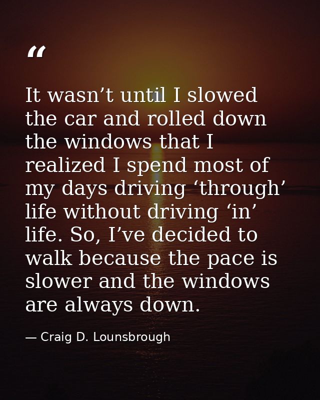 It wasn’t until I slowed the car and rolled down the windows that I realized I spend most of my days driving ‘through’ l — Craig D. Lounsbrough