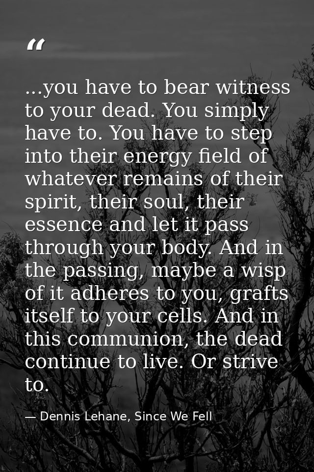 ...you have to bear witness to your dead. You simply have to. You have to step into their energy field of whatever remai — Dennis Lehane, Since We Fell
