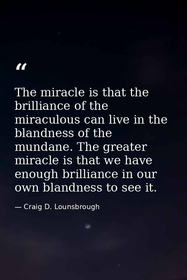 The miracle is that the brilliance of the miraculous can live in the blandness of the mundane. The greater miracle is th — Craig D. Lounsbrough
