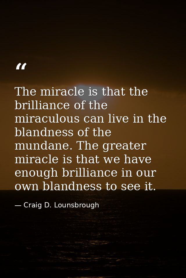 The miracle is that the brilliance of the miraculous can live in the blandness of the mundane. The greater miracle is th — Craig D. Lounsbrough