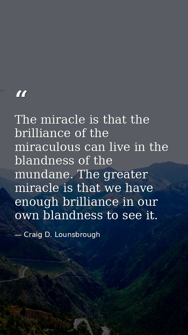 The miracle is that the brilliance of the miraculous can live in the blandness of the mundane. The greater miracle is th — Craig D. Lounsbrough