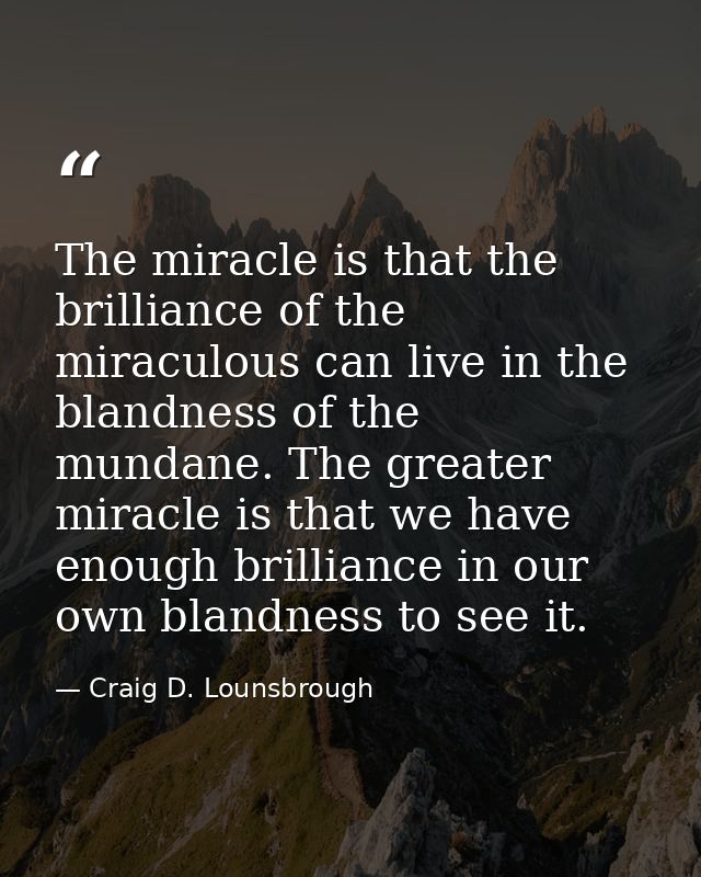 The miracle is that the brilliance of the miraculous can live in the blandness of the mundane. The greater miracle is th — Craig D. Lounsbrough