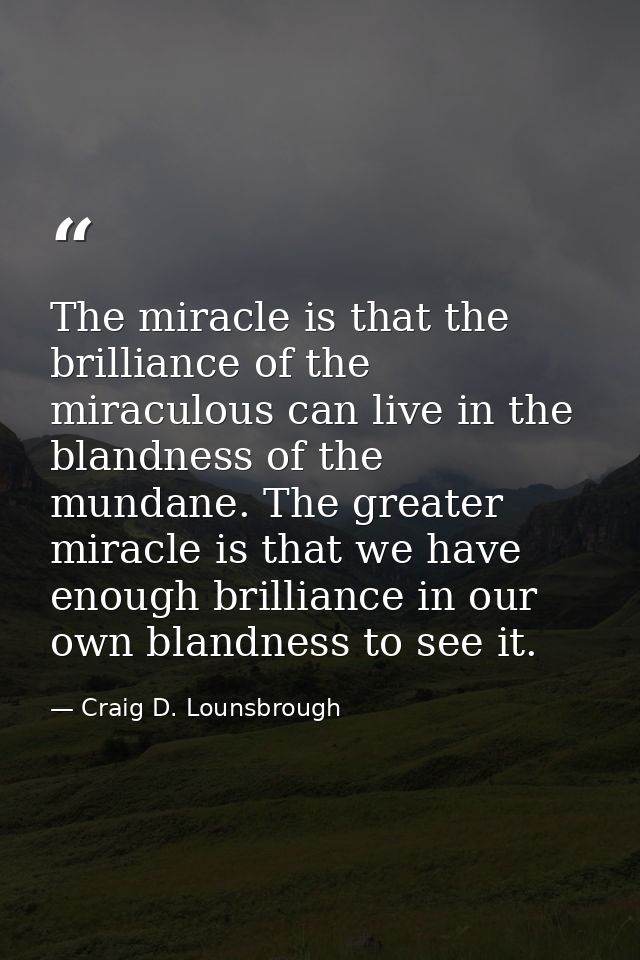 The miracle is that the brilliance of the miraculous can live in the blandness of the mundane. The greater miracle is th — Craig D. Lounsbrough