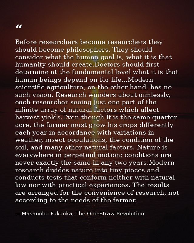 Before researchers become researchers they should become philosophers. They should consider what the human goal is, what — Masanobu Fukuoka, The One-Straw Revolution