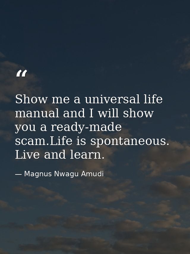 Show me a universal life manual and I will show you a ready-made scam.Life is spontaneous. Live and learn. — Magnus Nwagu Amudi