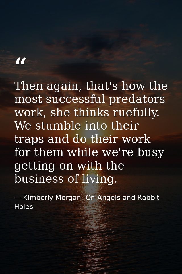 Then again, that's how the most successful predators work, she thinks ruefully. We stumble into their traps and do their — Kimberly Morgan, On Angels and Rabbit Holes
