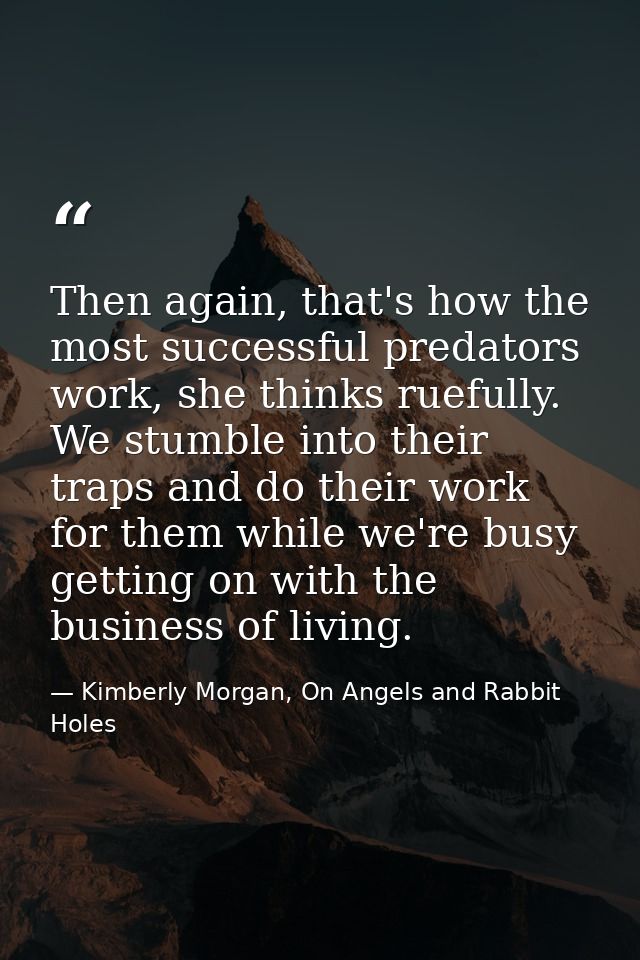 Then again, that's how the most successful predators work, she thinks ruefully. We stumble into their traps and do their — Kimberly Morgan, On Angels and Rabbit Holes