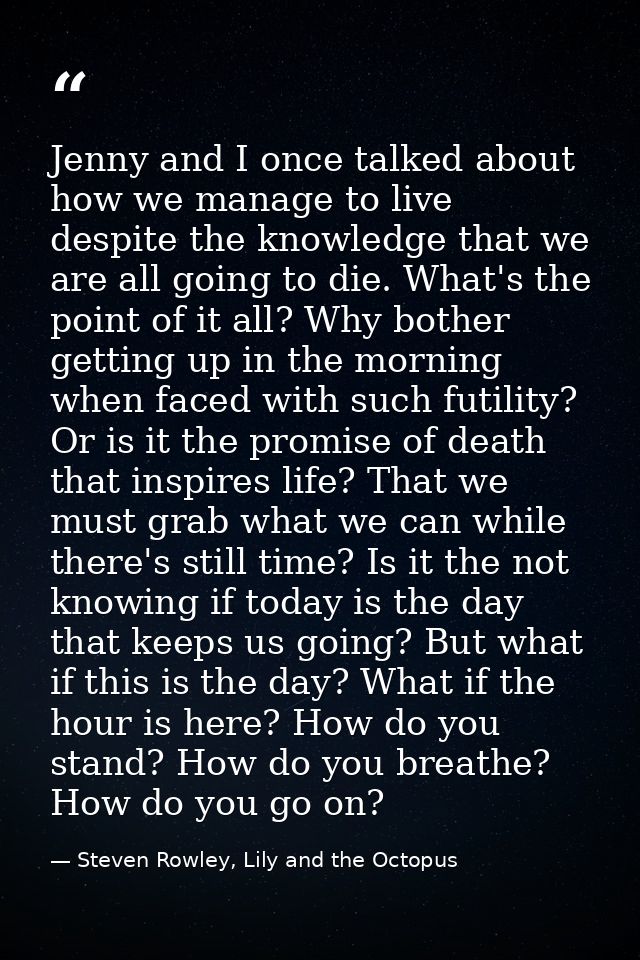 Jenny and I once talked about how we manage to live despite the knowledge that we are all going to die. What's the point — Steven Rowley, Lily and the Octopus