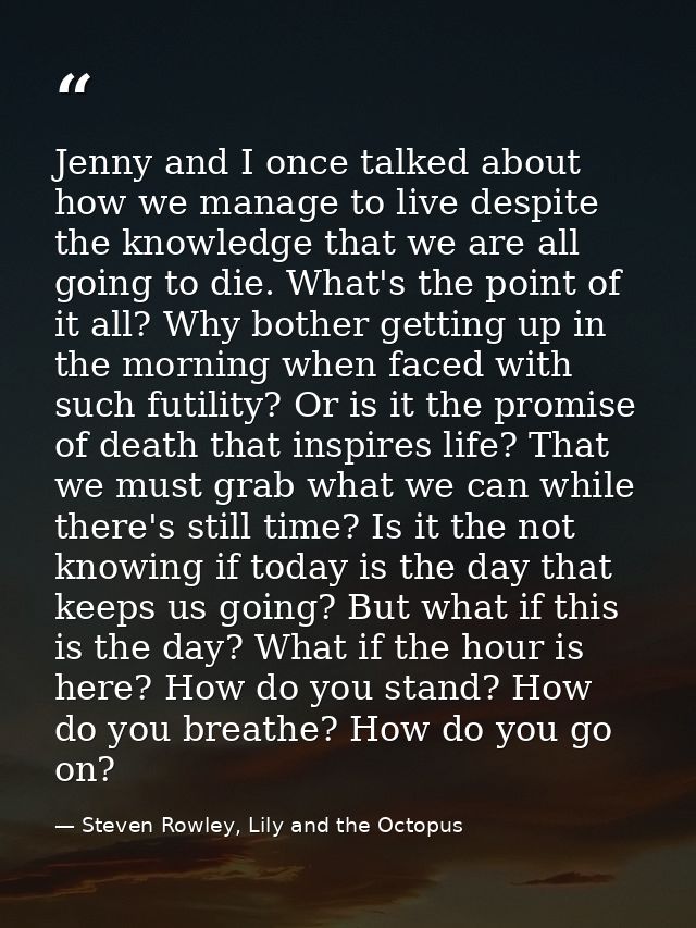 Jenny and I once talked about how we manage to live despite the knowledge that we are all going to die. What's the point — Steven Rowley, Lily and the Octopus