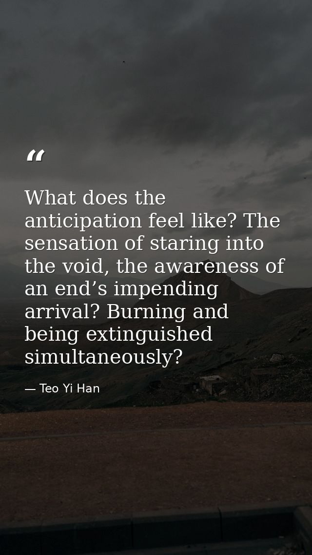 What does the anticipation feel like? The sensation of staring into the void, the awareness of an end’s impending arriva — Teo Yi Han