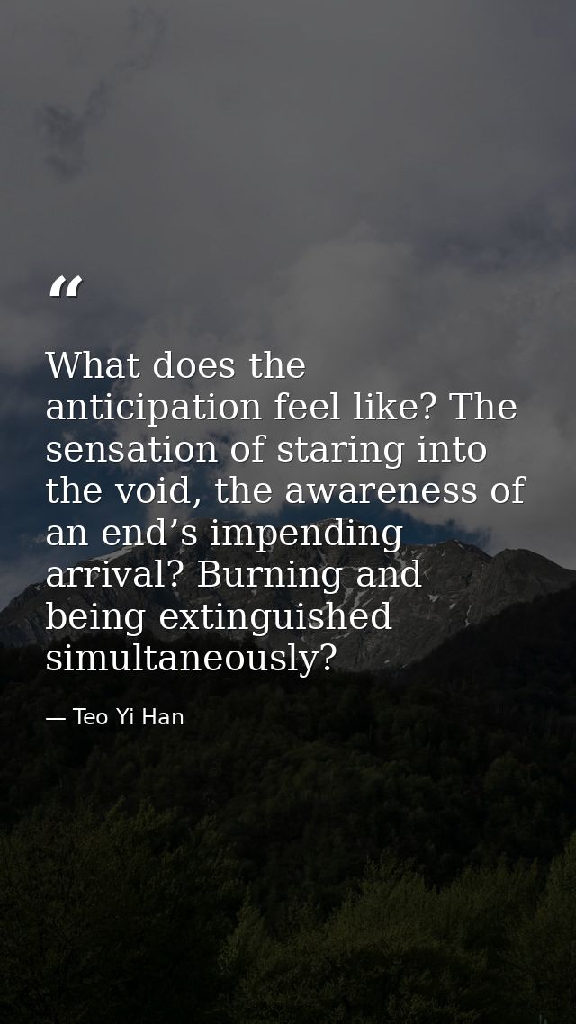 What does the anticipation feel like? The sensation of staring into the void, the awareness of an end’s impending arriva — Teo Yi Han