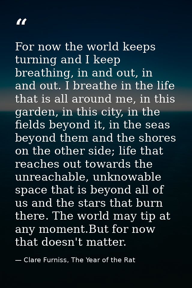 For now the world keeps turning and I keep breathing, in and out, in and out. I breathe in the life that is all around m — Clare Furniss, The Year of the Rat