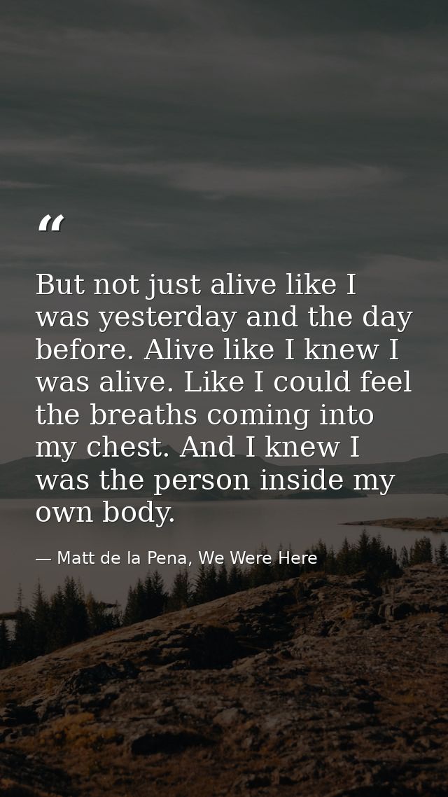 But not just alive like I was yesterday and the day before. Alive like I knew I was alive. Like I could feel the breaths — Matt de la Pena, We Were Here