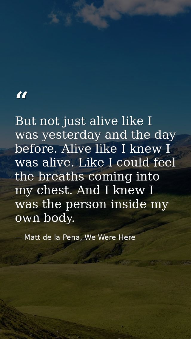 But not just alive like I was yesterday and the day before. Alive like I knew I was alive. Like I could feel the breaths — Matt de la Pena, We Were Here