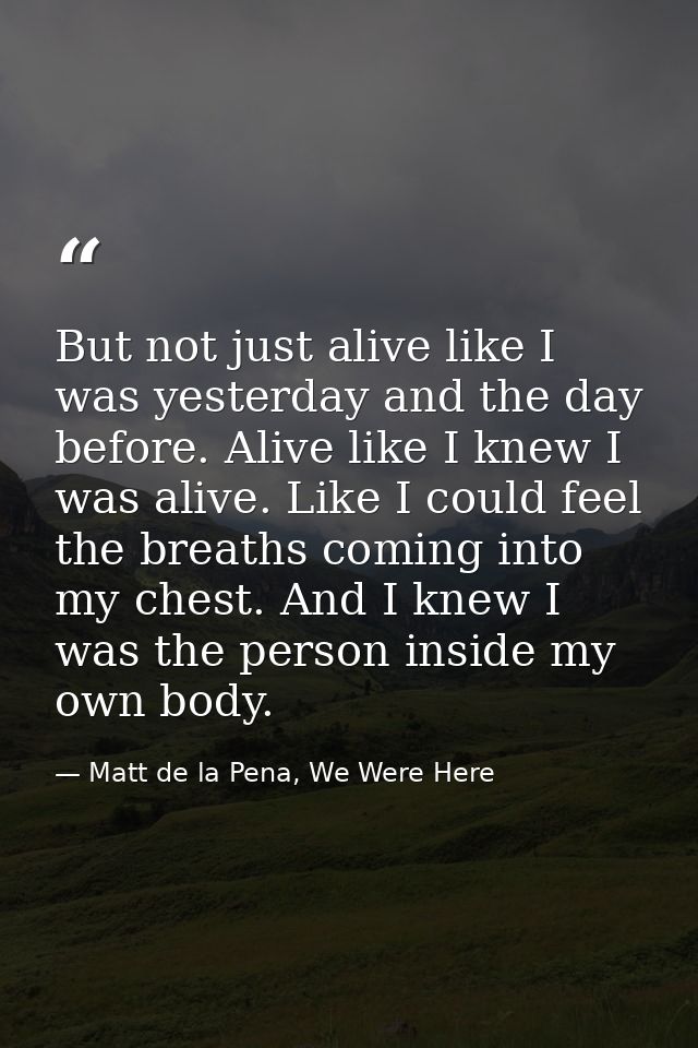 But not just alive like I was yesterday and the day before. Alive like I knew I was alive. Like I could feel the breaths — Matt de la Pena, We Were Here