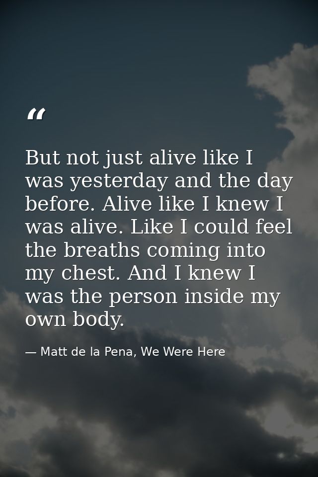 But not just alive like I was yesterday and the day before. Alive like I knew I was alive. Like I could feel the breaths — Matt de la Pena, We Were Here