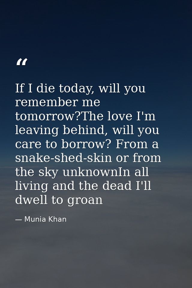If I die today, will you remember me tomorrow?The love I'm leaving behind, will you care to borrow? From a snake-shed-sk — Munia Khan