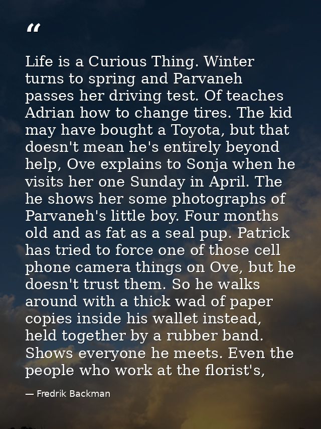 Life is a Curious Thing. Winter turns to spring and Parvaneh passes her driving test. Of teaches Adrian how to change ti — Fredrik Backman