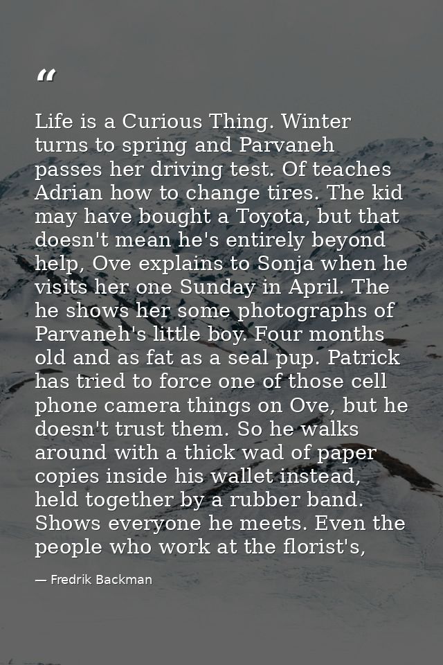Life is a Curious Thing. Winter turns to spring and Parvaneh passes her driving test. Of teaches Adrian how to change ti — Fredrik Backman