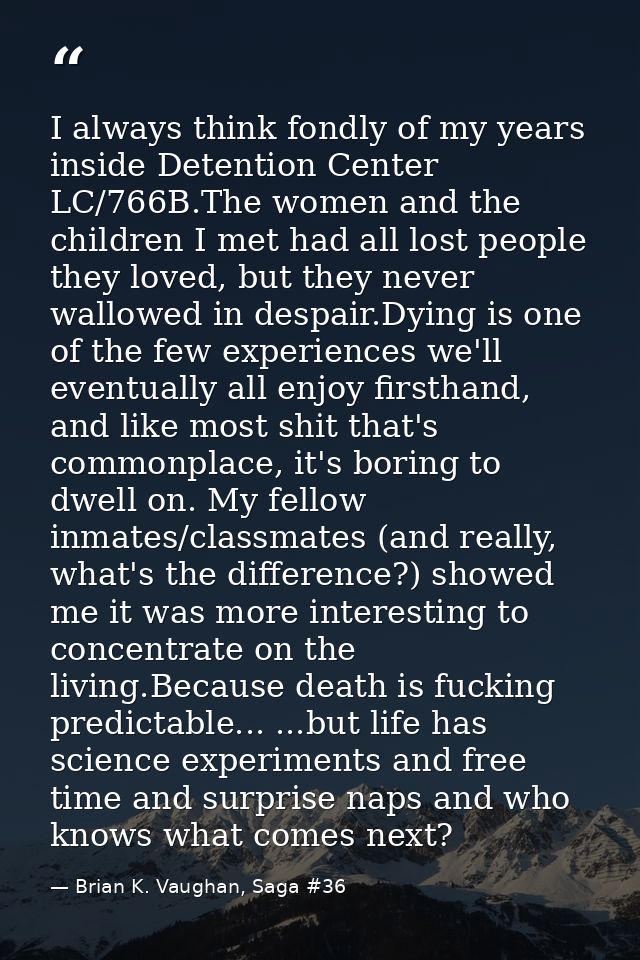 I always think fondly of my years inside Detention Center LC/766B.The women and the children I met had all lost people t — Brian K. Vaughan, Saga #36