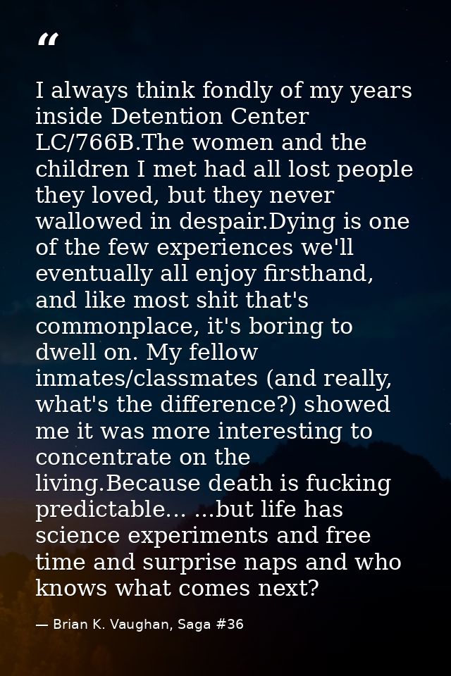 I always think fondly of my years inside Detention Center LC/766B.The women and the children I met had all lost people t — Brian K. Vaughan, Saga #36