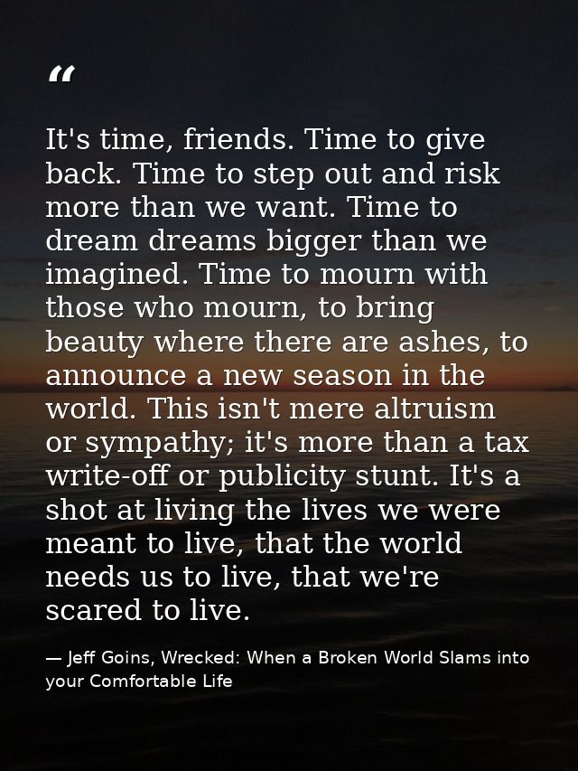 It's time, friends. Time to give back. Time to step out and risk more than we want. Time to dream dreams bigger than we  — Jeff Goins, Wrecked: When a Broken World Slams into your Comfortable Life