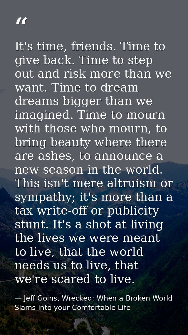 It's time, friends. Time to give back. Time to step out and risk more than we want. Time to dream dreams bigger than we  — Jeff Goins, Wrecked: When a Broken World Slams into your Comfortable Life