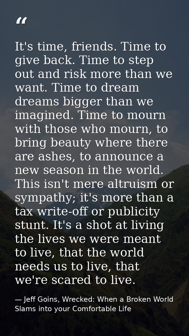 It's time, friends. Time to give back. Time to step out and risk more than we want. Time to dream dreams bigger than we  — Jeff Goins, Wrecked: When a Broken World Slams into your Comfortable Life