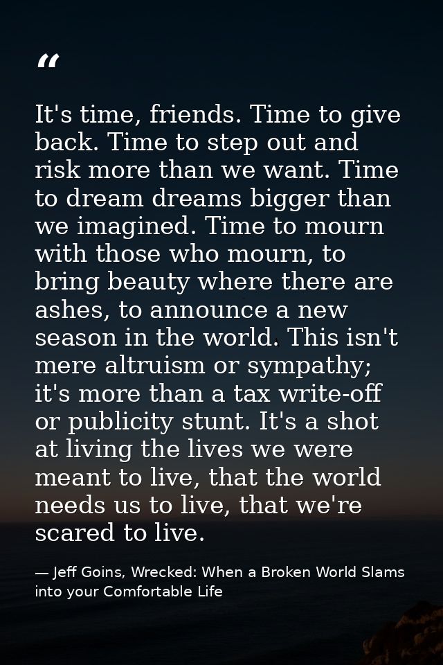 It's time, friends. Time to give back. Time to step out and risk more than we want. Time to dream dreams bigger than we  — Jeff Goins, Wrecked: When a Broken World Slams into your Comfortable Life