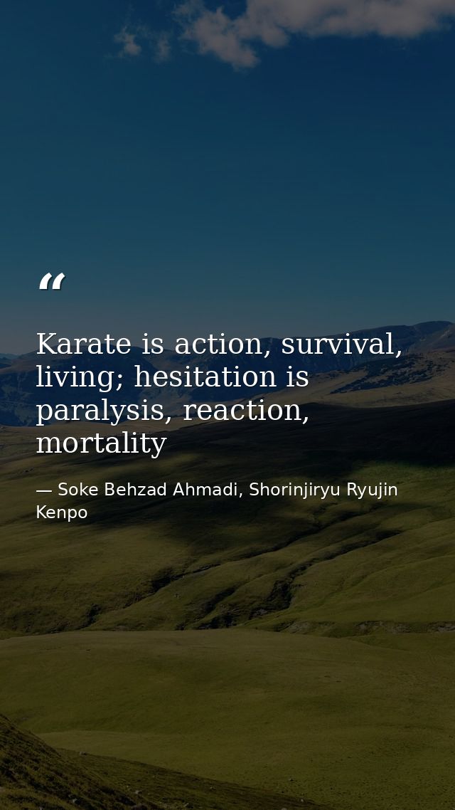 Karate is action, survival, living; hesitation is paralysis, reaction, mortality — Soke Behzad Ahmadi, Shorinjiryu Ryujin Kenpo