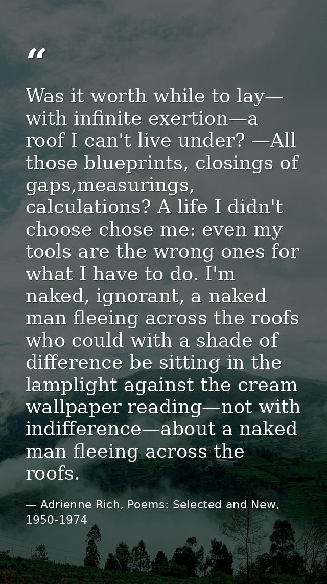 Was it worth while to lay— with infinite exertion—a roof I can't live under? —All those blueprints, closings of gaps,mea — Adrienne Rich, Poems: Selected and New, 1950-1974