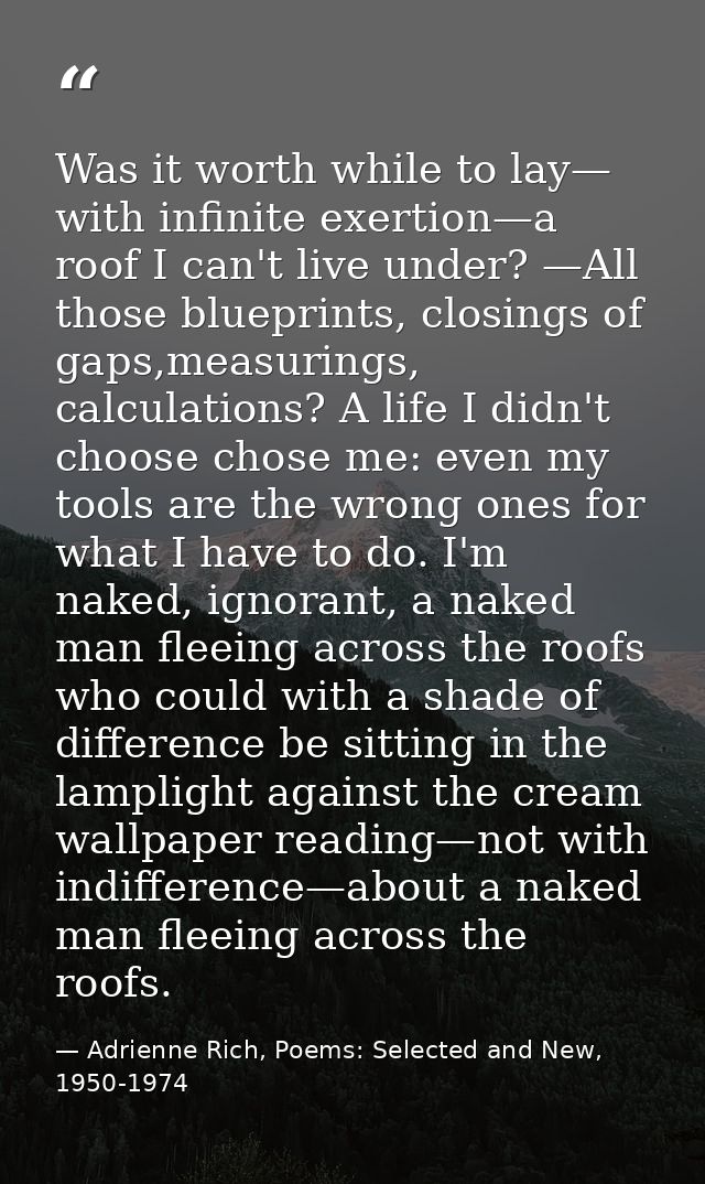 Was it worth while to lay— with infinite exertion—a roof I can't live under? —All those blueprints, closings of gaps,mea — Adrienne Rich, Poems: Selected and New, 1950-1974